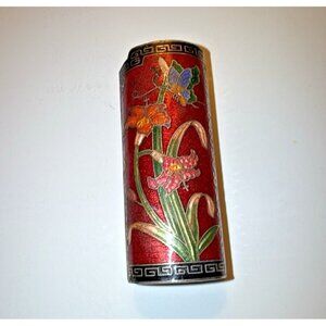 Vtg Cloisonne Red Lighter Case Enamel Butterfly Iris Floral Brass Cover